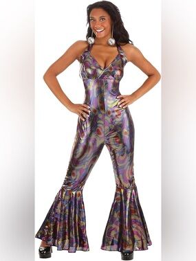 Sexy Disco Jumpsuit Costume for Halloween 70s 80s Flared Pants & Halter Neck